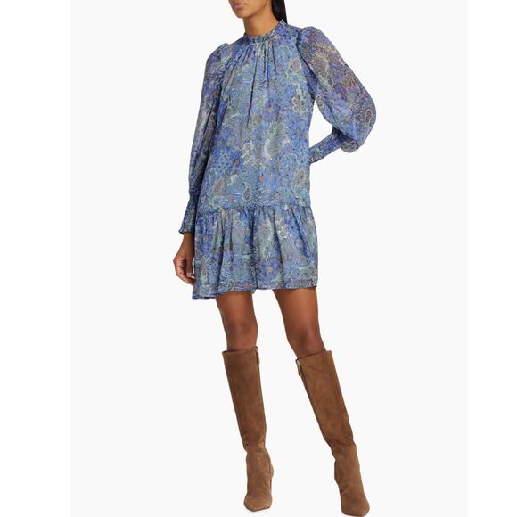 MARIE OLIVER Irena Mini Dress Size Large Silk Metallic Ruffle Smocked Boho Chic - Picture 15 of 15